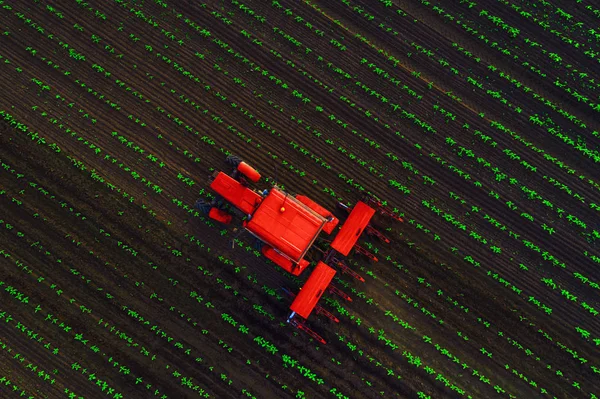 Tractor cultivating field at spring — Stock Photo, Image