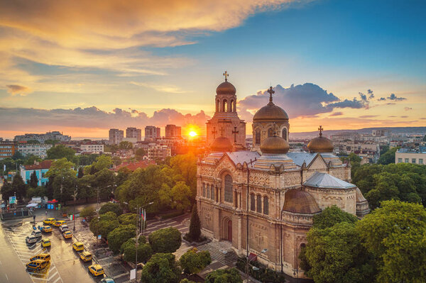 The Cathedral of the Assumption in Varna, Aerial sunset view