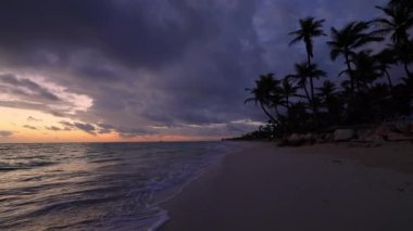 Deniz gündoğumu, palmiye ağaçları ve tropikal ada Plajı Punta Cana, Dominik Cumhuriyeti, Karayipler manzara