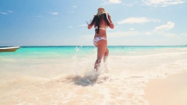 热带度假 热美丽的女人在太阳帽和比基尼走在天堂岛海滩多米尼加共和国 — 图库视频影像
