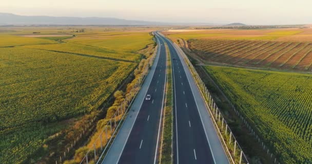 Aerial View Highway Road Travel Cars Agricultural Fields Sunset — Stock Video