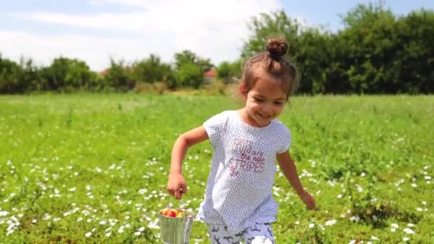 庭でイチゴのバスケットで走っている幸せな小さな女の子 田舎の自家栽培の果物や野菜 — ストック動画