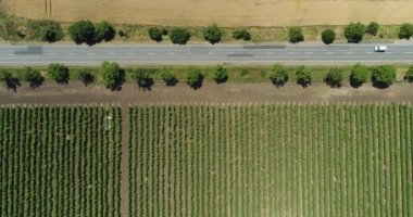 Gün batımında karayolu ve tarım alanları üzerinde havadan görünüm