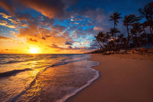 Tájkép a paradicsom trópusi sziget strand, napkelte lövés — Stock Fotó