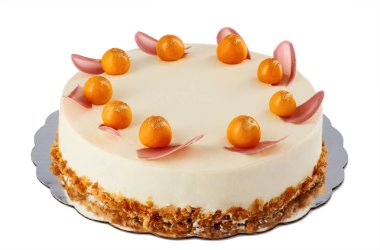 Physalis meyve, krema, fındık ve mus ile Çikolatalı kek