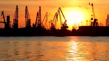 Gün batımında Varna deniz limanı, kuş siluetleri, endüstriyel vinçler ve kargo gemileri, Bulgaristan.