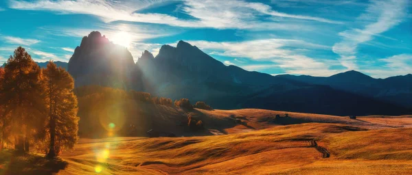 Cenário do nascer do sol de outono com larches amarelos e pequenos picos alpinos — Fotografia de Stock