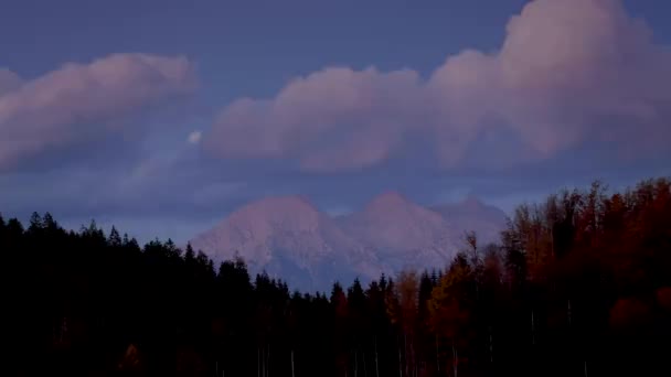 Vista Montaña Los Picos Alpinos Cielo Del Bosque Puesta Del — Vídeos de Stock