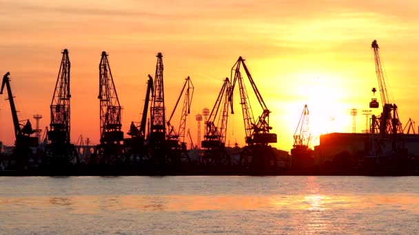 Siluetas Atardecer Grúas Industriales Buques Carga Puerto Varna Bulgaria — Vídeo de stock