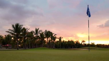 Golf sahası ufku. Spor sahalarında, bahçelerde ve palmiyelerde gün batımı
