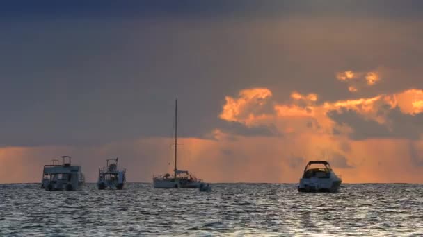 帆船和快艇在海里航行 加勒比海上空的日出 — 图库视频影像