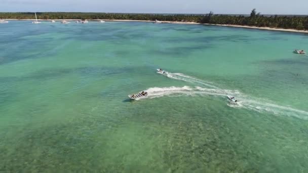 航海双体船 帆船和快艇在海洋中 加勒比海鸟瞰图 — 图库视频影像