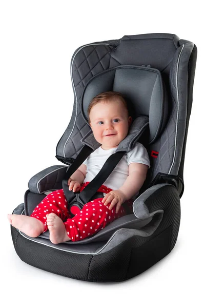 Pequenos Assentos Bebê Felizes Estúdio Assento Carro Isolado — Fotografia de Stock