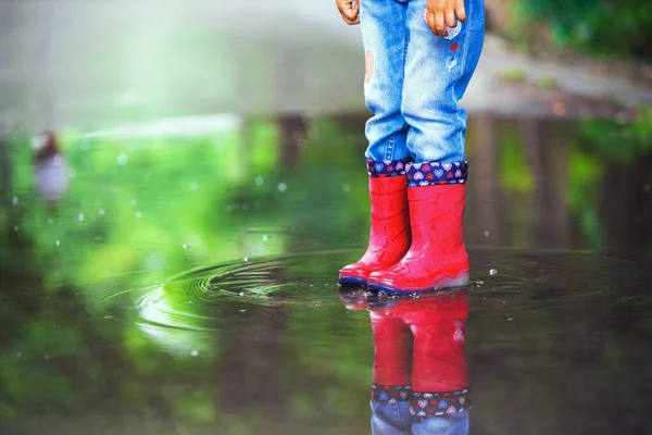 Happy Child Girl Red Rubber Boots Jumping Puddle Spring Day — Stock Photo, Image