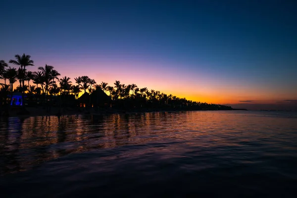 Τροπικό Νησί Νύχτα Φοινικόδεντρα Σιλουέτες Και Φώτα Στην Παραλία Θέρετρο — Φωτογραφία Αρχείου