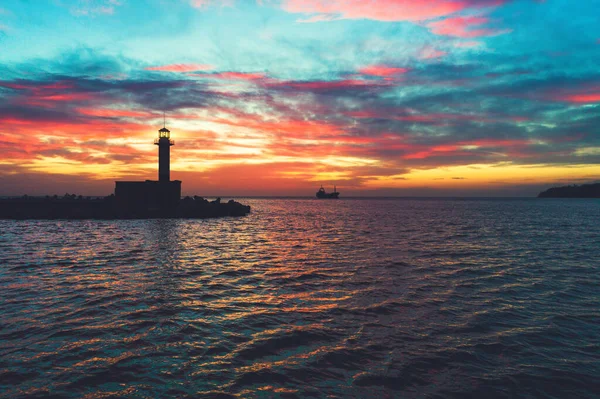 Luchtfoto Van Vuurtoren Bij Zonsopgang Varna Bulgarije — Stockfoto