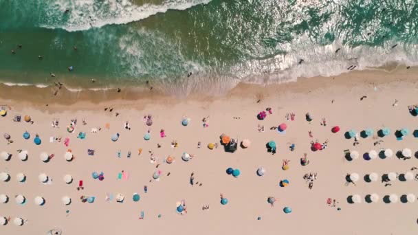 Пляж Пісок Парасольки Щасливі Люди Морські Хвилі Ідеальна Літня Відпустка — стокове відео
