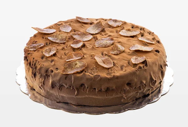 Chocolade Zelfgemaakte Taart Met Noten Abrikozengelei Witte Achtergrond — Stockfoto