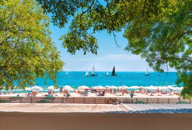 Varna sahiline doğru yaz manzarası ve denizdeki yat yarışlarından yelkenli tekneleri