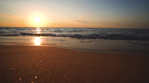 Východ Slunce Pláži Vlny Pomalu Narážejí Písek Letní Ráno — Stock video