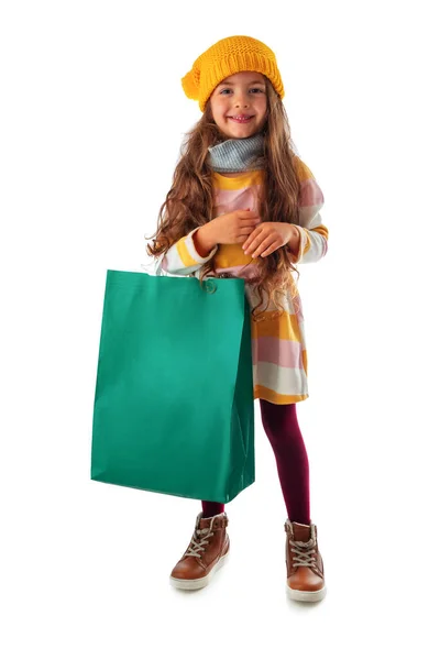 Feliz Hermosa Joven Con Bolsa Compras Retrato Sobre Fondo Blanco — Foto de Stock