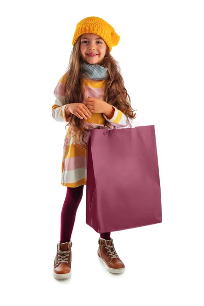 Happy Beautiful Young Girl Shopping Bag Portrait White Background — Stock Photo, Image
