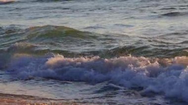 Okyanus sahili gündoğumu 4k video, dalgalar deniz kumuna vuruyor.