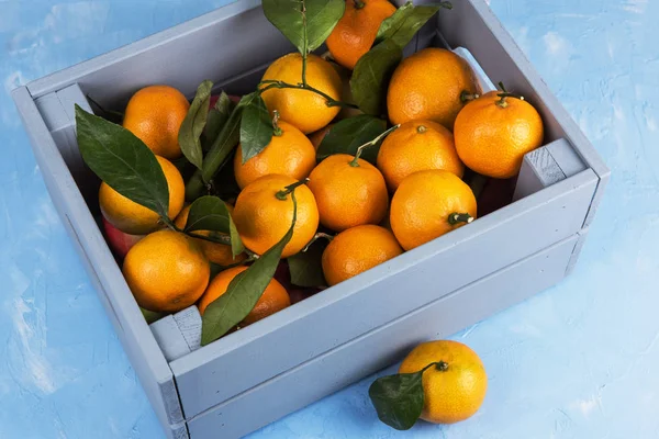 Färska mandariner i rutan med blad — Stockfoto