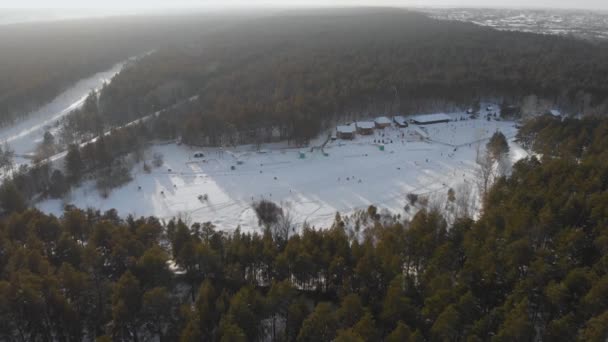 Aerial view of winter ski base — Stock Video