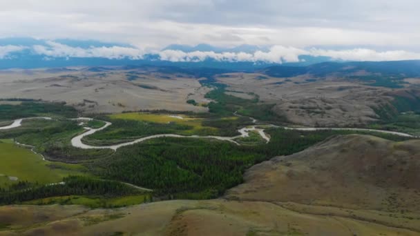 Lucht video over rivier Chuya in de Kurai-steppe — Stockvideo