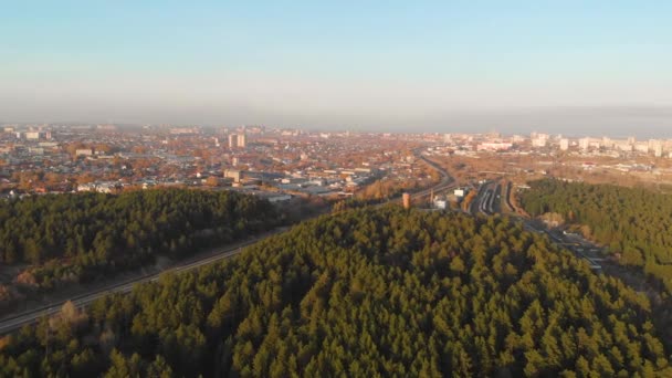 Вид с воздуха на зимний лес и город — стоковое видео