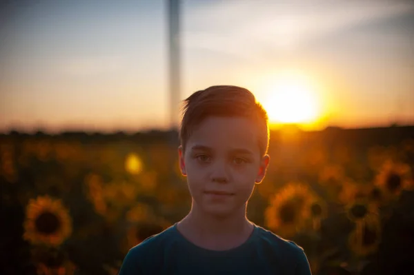 Portret van mooie blonde jongen op zomerse zonnebloem veld — Stockfoto