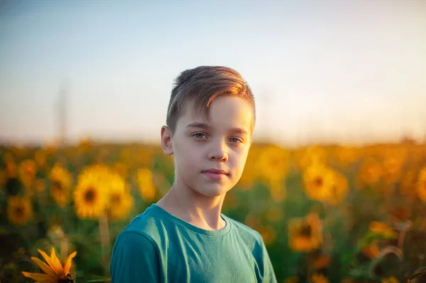 Πορτρέτο του όμορφου ξανθό παιδί αγόρι στο πεδίο ηλιοτρόπιο καλοκαίρι — Φωτογραφία Αρχείου