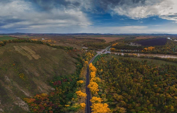 Vue aérienne de la route dans la belle forêt d'automne Altaï — Photo