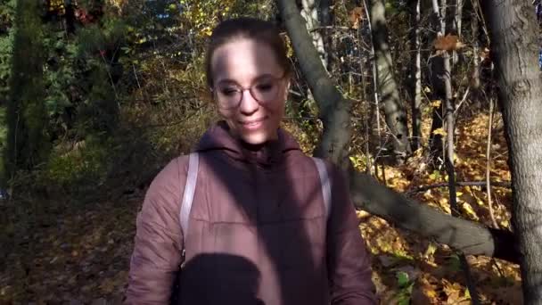 Όμορφη γυναίκα περπατά στο φθινόπωρο δάσος — Αρχείο Βίντεο