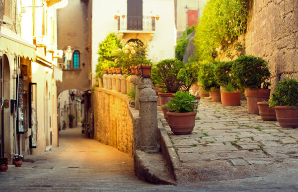 San Marino cityscape. Italy landmark. Cozy historic San Marino empty streets.