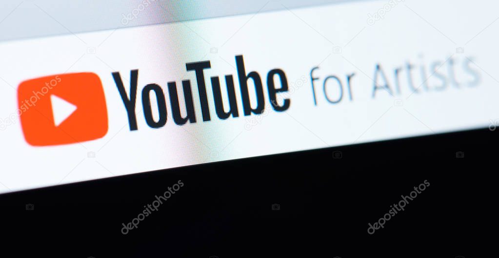 New york, USA - July 5, 2018: Youtube for artist site on laptop screen background close up view