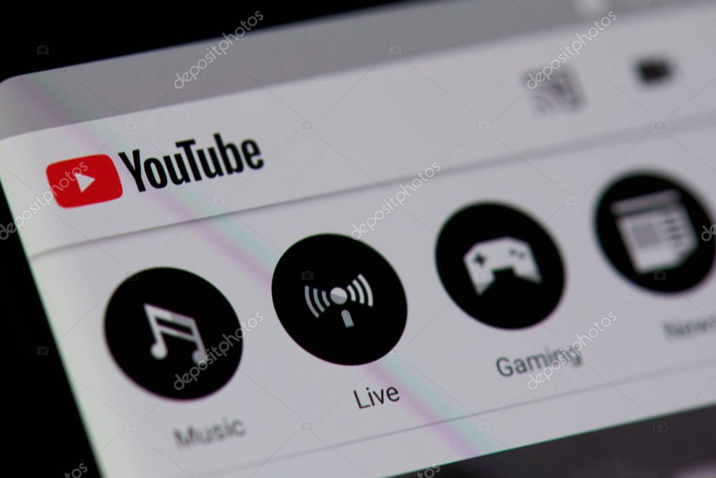 New york, USA - July 5, 2018: Youtube menu on smartphone screen background close up view