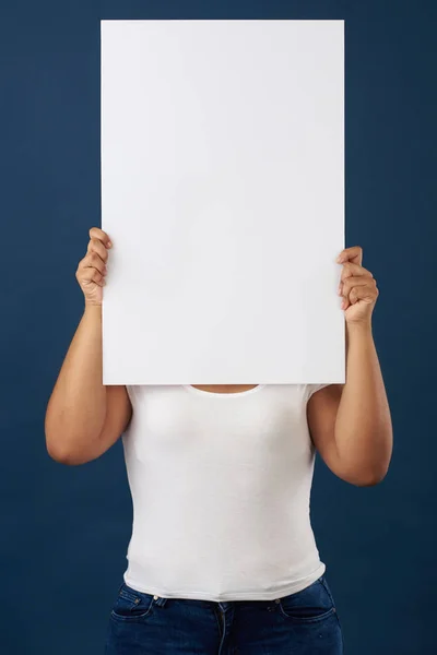 Woman hide face with white banner
