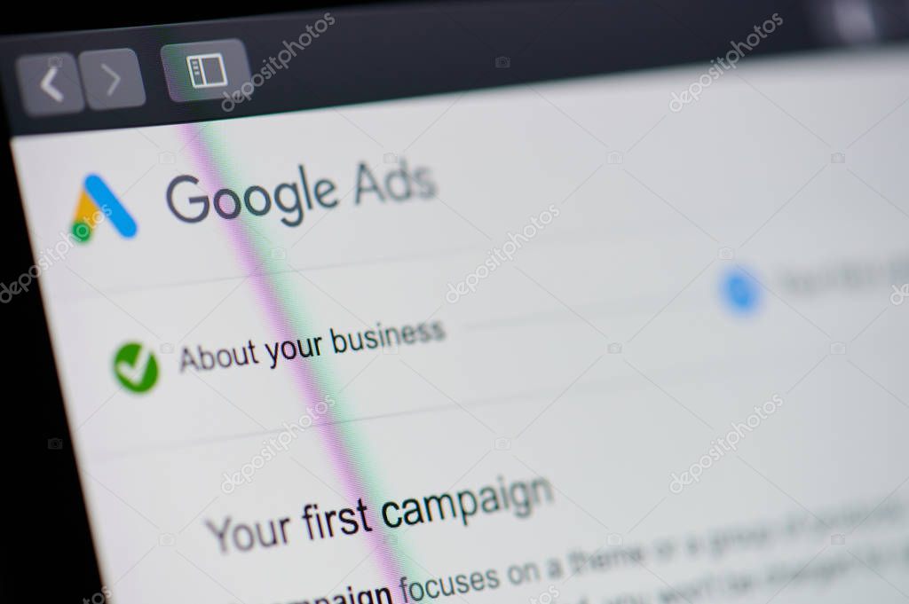 New york, USA - january 24, 2019: Google ads theme  menu on device screen pixelated close up view. Google ads theme