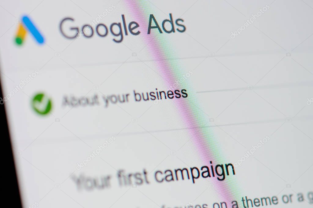 New york, USA - january 24, 2019:Google ads   menu on device screen pixelated close up view