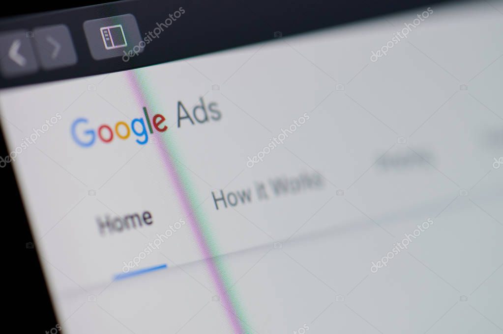 New york, USA - january 24, 2019: Google ads home page on device screen pixelated close up view