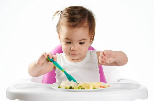 Baby Girl Trying New Food Isolated White Studio Background — Stock Photo, Image