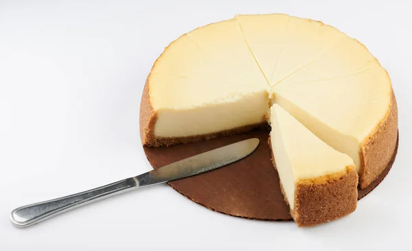 Cutting Cheesecake Pie Knife Isolated White Background Stock Image