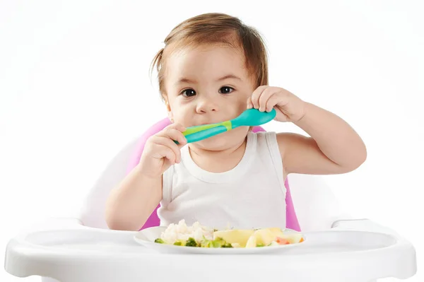 Pretty Baby Girl Spoon Infront Plate Food — Stock Photo, Image