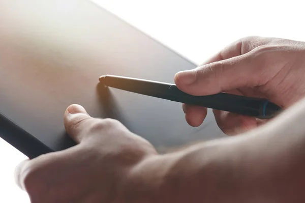 Man Pointing Touchpad Pen Macro Close View — Stock Photo, Image