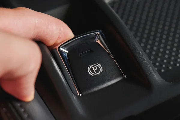 Activate Electronic Car Hand Break Button Close View — Stock Photo, Image