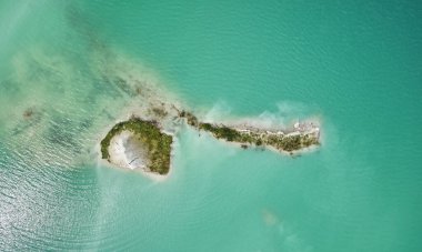 Güneşli bir günde yeşil suyun etrafındaki ada.