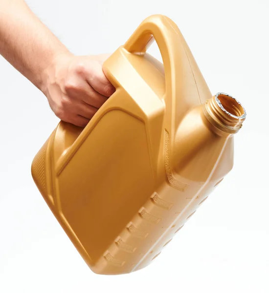 Mão Segurar Aberto Amarelo Jerrycan Isolado Fundo Branco — Fotografia de Stock