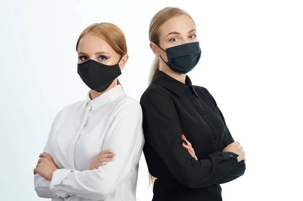 Young Girls Protective Mask Cross Hands Isolated White Studio Background — Stock Photo, Image